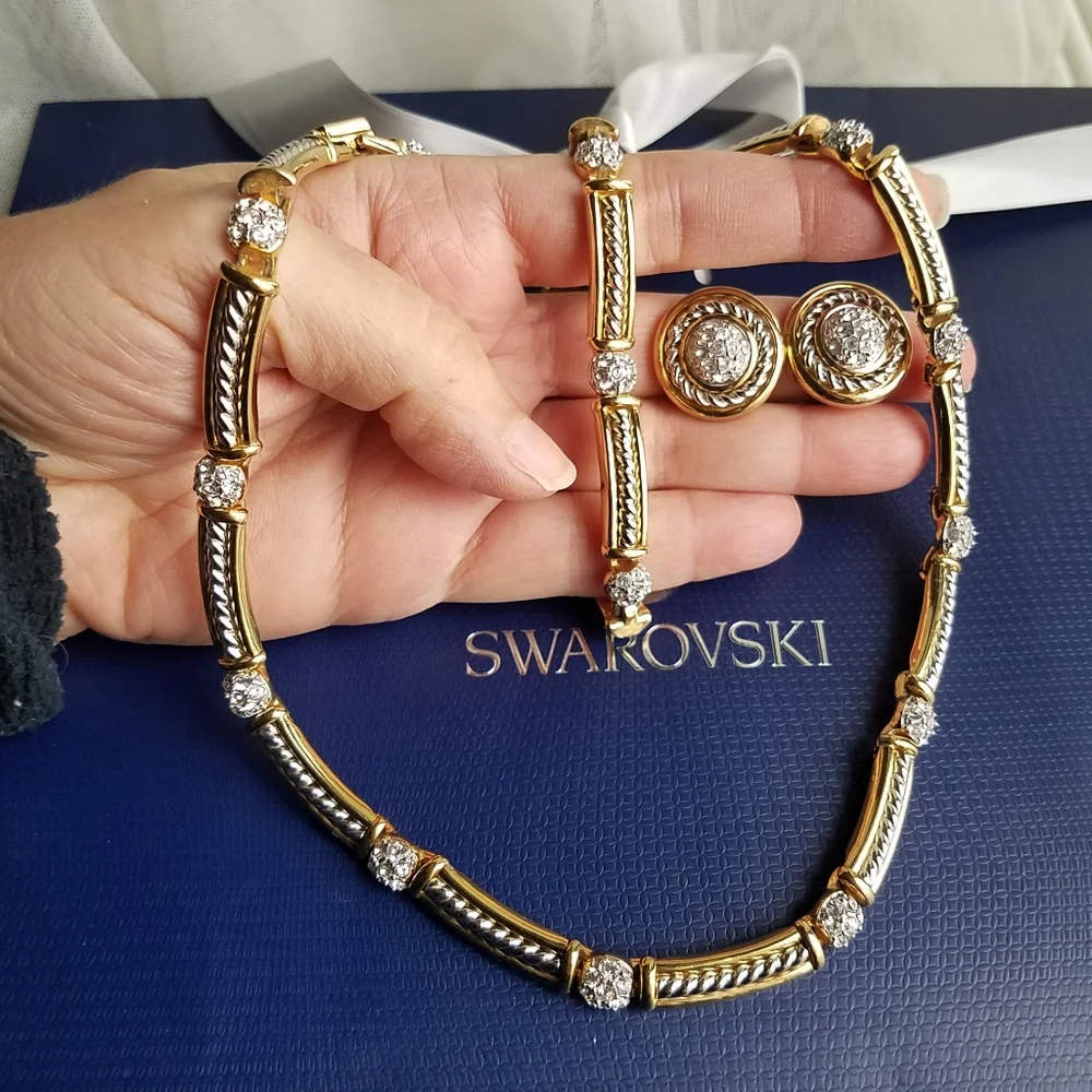 AUTHENTIC Swarovski 18k Gold Plated Tennis Necklace, Bracelet & Earrings SET - Picture 11 of 16